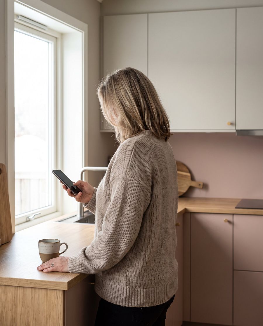 En kvinne står ved kjøkkenbenken og legger inn en avtale på mobilen.